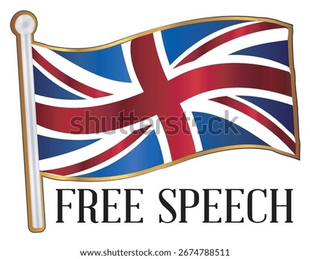 A fluttering Union Jack flag pin badge over a white background with the text Free Speech.