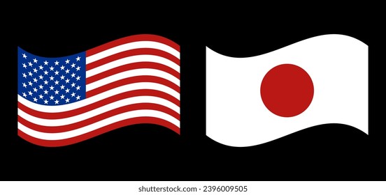 Fluttering United States and Japanese flags icon set. Vector.