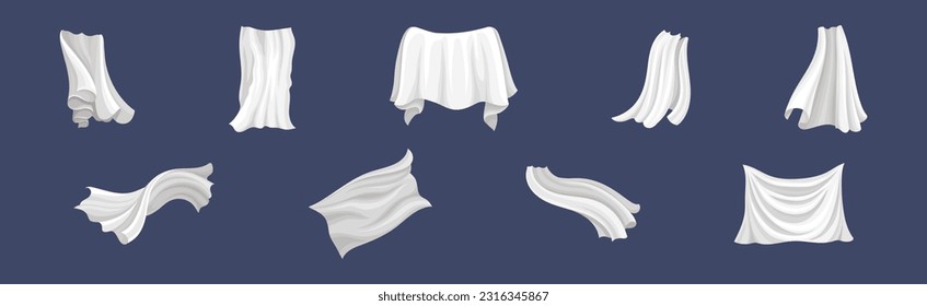 Fluttering White Cloth or Fabric Isolated on Blue Background Vector Set