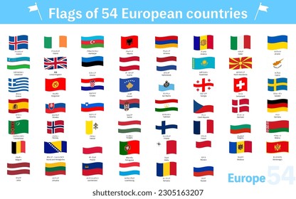 Fluttering World Flag Icons, Set of 54 European and NIS Countries, Vector Illustration