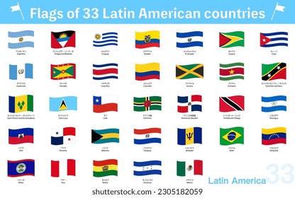 Fluttering World Flag Icons, Set of 33 Latin American Countries, Vector Illustration