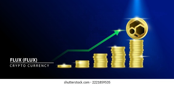 Flux (FLUX) Coin crypto on blue background. Stablecoin blockchain token price increase from pile of gold coins.There is space to enter message. Nice for cryptocurrency digital money concept.