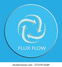 Diseño de logotipo conceptual "Flux Flow" con cuatro flechas giratorias en un movimiento circular sobre un fondo azul.