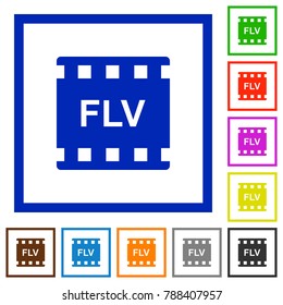 FLV movie format flat color icons in square frames on white background