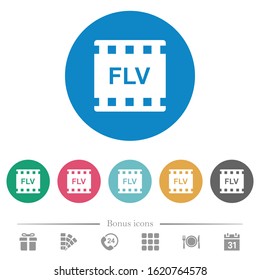 FLV movie format flat white icons on round color backgrounds. 6 bonus icons included.