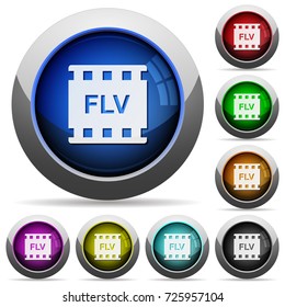 FLV movie format icons in round glossy buttons with steel frames