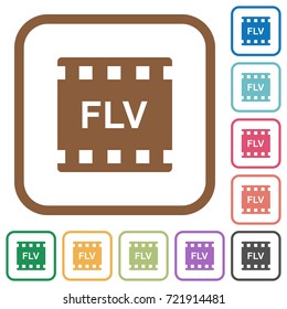 FLV movie format simple icons in color rounded square frames on white background