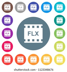 FLX movie format flat white icons on round color backgrounds. 17 background color variations are included.