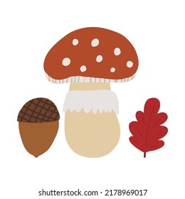 Fly agaric autumn forest mushroom with leaf and acorn. Cute cartoon vector illustration isolated on white background.