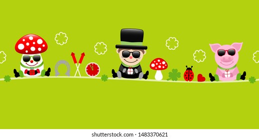 Fly Agaric Chimney Sweep And Pig With Sunglasses Icons New Years Eve Green