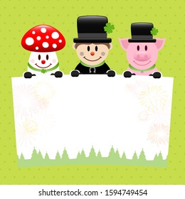Fly Agaric Chimney Sweep And Pig With Label Dots Green
