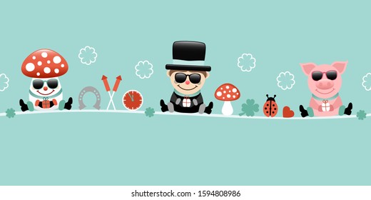 Fly Agaric Chimney Sweep And Pig With Sunglasses Icons New Years Eve Turquoise
