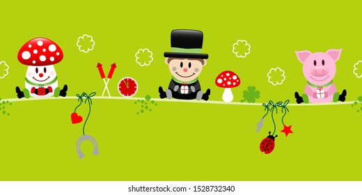 Fly Agaric, Chimney Sweeper And Pig Icons on New Years Eve Green