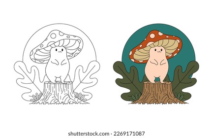 Fly agaric. colorear С usar hongos en un trozo de hojas Ilustración vectorial de línea y dibujos animados para niños página y libro de coloreo