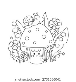 Fly agaric coloring page with cute snail and flowers in kawaii cartoon style, hand-drawn doodle for kids activity, childish forest landscape for stationery and posters, minimalist naive art