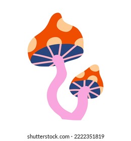 Fly agaric. Cute amanita with red hat and white spots.  Toxic poisonous luminous mushroom for Halloween. Hand drawn colored flat vector illustration isolated on white background.