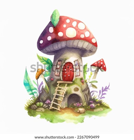 Fly agaric cute house watercolor vector illustration, fairy tale garden. Fantasy home of forest elf, on white background, for greeting cards