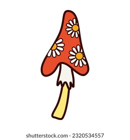 fly agaric with daisies isolated on white, groovy vibe