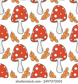 Fly agaric and fallen leaves seamless pattern. Autumn mushroom background. Red mushrooms with spots print for textile, packaging, vector graphics