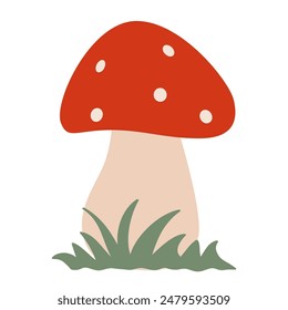 Fly agaric in green grass in cartoon style on a white background, vector graphics.