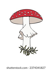 Esbozo de color dibujado a mano con agaric, envenenamiento con hongos. Ilustración de contorno lineal. Aislado, de fondo blanco.