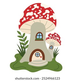 Fly agaric house. Fairytale big house made of fly agarics. Forest magic, illustration, surreal design with funny house, windows and doors. Vector illustration of gnome house.