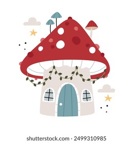 Fly agaric house.Fairytale big amanita home.Forest magic illustration surreal design with fun cottage, fungi and toadstools