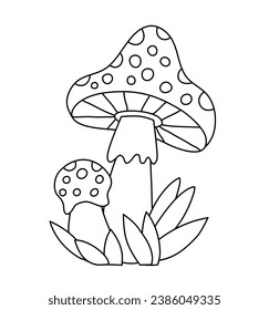 Fly Agaric Illustration for Children Vector Doodle Template for books black and white
