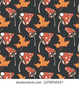 Fly agaric and maple leaf seamless pattern