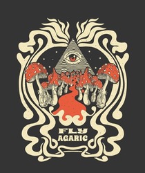 Fly Agaric And Masonic Pyramid, Psychedelic Journey, T-shirt Print, Retro Style Poster