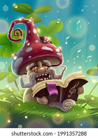 Fly agaric mushroom or amanita with musical book is singing in summer magic forest with green grass, beautiful clover flowers, wonderful nature landscape, garden, park, meadow.
