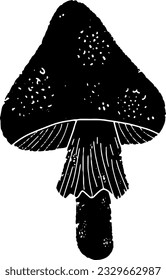 Fly agaric mushroom, cartoon. Black hand drawn linocut style, grunge rough old texture. Element for design. Halloween design.