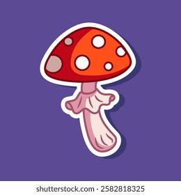 Fly agaric mushroom cartoon illustration sticker. Vector Halloween decoration element. Halloween-themed element