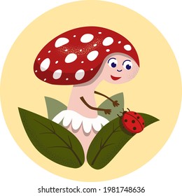 fly agaric mushroom, Cute cartoon humanized mushroom - a character for children with a ladybug insect on a leaf. 
For print on children's clothing, logo, flyer. Vector flat illustration.