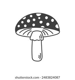 Fly Agaric Mushroom Doodle Line Icon. Hand drawn amanita with spotted cap. Outline vector illustration