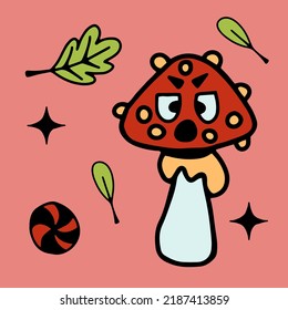 fly agaric mushroom with face, leaves, sweets, halloween doodle clipart vector