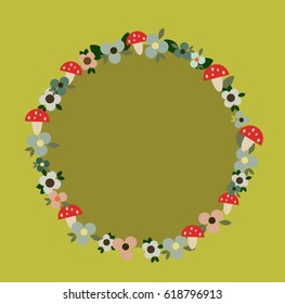 Fly agaric mushroom and flower frame around a grass green circle. Perfect Background for cards and posters.