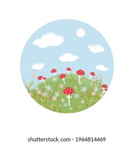 Fly agaric mushroom flower hill round label art cortoons design element stock vector illustration for web, for print, for fabric print