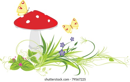 Fly agaric mushroom, flowers and butterflies. Vector