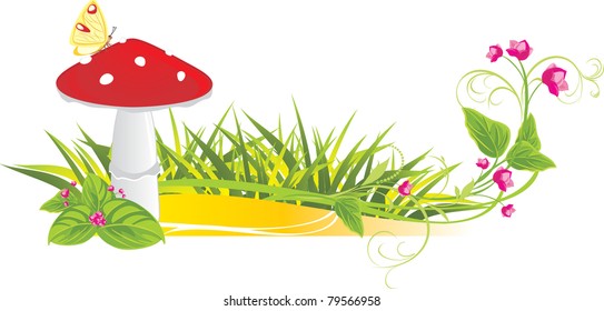 Fly agaric mushroom and flowers. Vector