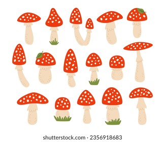 Fly agaric mushroom forest dangerous poisonous fungus vector illustration botanical set isolated on white background. Different design of toxic spotted red amanita woodland fungi plant collection