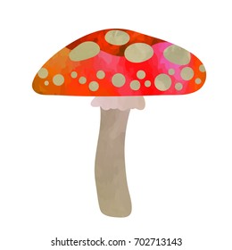 Fly agaric mushroom. Funny cartoon clip art illustration on isolated background. Watercolour imitation.