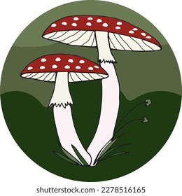 Fly agaric mushroom in a green circle. Poison mushroom icon.