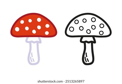 Fly agaric mushroom hand drawn doodle set. Woodland fungus. Isolated vector illustration for coloring books, pages