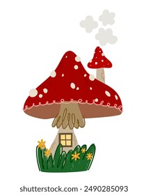 Fly agaric mushroom house isolated  background. Hand drawn vector illustration
