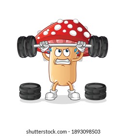 fly agaric mushroom lifting the barbell character. cartoon mascot vector