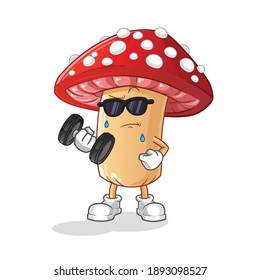 fly agaric mushroom lifting dumbbell vector. cartoon character