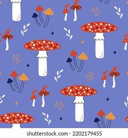 Fly agaric mushroom pattern . Cute autumn seamless background with amanitas and leaves. Multicolored cartoon print for textile, kids stationary design or print on any surface