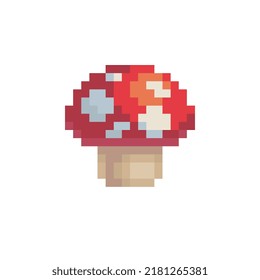 Fly agaric mushroom pixel art icon vector illustration. Mushroom element design for stickers, logo, mobile app. Video game assets 80s 8-bit.