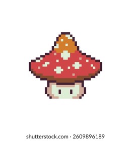 Fly agaric mushroom pixel art icon vector illustration. Mushroom element design for stickers, logo, mobile app. Video game assets 80s 8-bit.